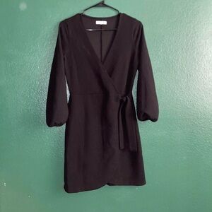 Madewell x Urban Outfitters black tie front cuffed long sleeve black mini dress